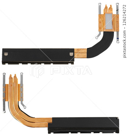Aluminum heatsink with copper tubes for laptop cooling, insulated on white background Aluminum heatsink with copper tubes for laptop cooling, insulated on white background 126214272