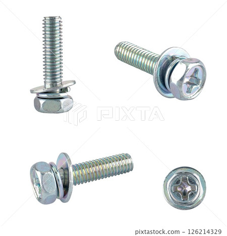Threaded bolt, under Phillips screwdriver, on white background in insulation 126214329