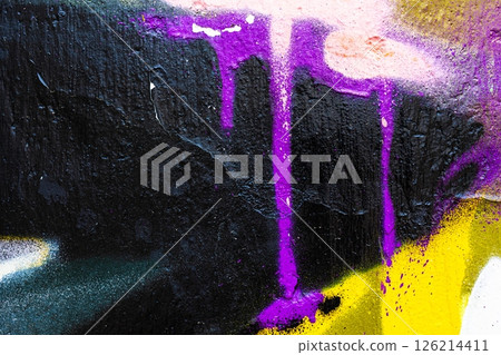 Vibrant Graffiti Drip Texture in Purple, Black, Yellow for Urban 90s Style Vibrant Graffiti Drip Texture in Purple, Black, Yellow for Urban 90s Style 126214411