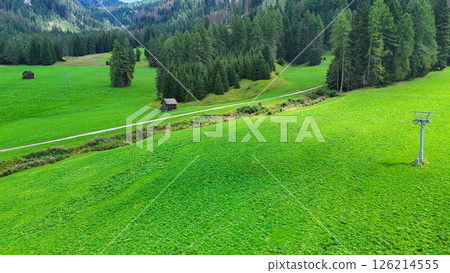 Lush green landscape with a winding path and rustic cabins under a clear sky in the heart of nature during a serene afternoon Lush green landscape with a winding path and rustic cabins under a clear sky in the heart of nature during a serene afternoon 126214555