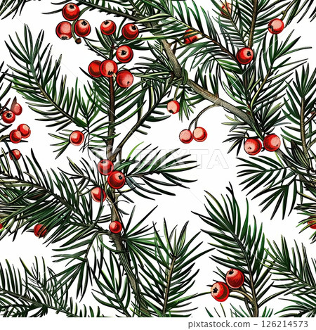 Christmas botanical design with a seamless pattern of yew flowers, green leaves, and red berries, perfect for holiday decor. 126214573