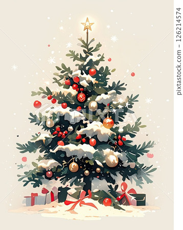 Christmas Charm: A Tree Covered in Snow and Decked with Candles and Red Balls, Stunning Scene on a Light Background Christmas Charm: A Tree Covered in Snow and Decked with Candles and Red Balls, Stunning Scene on a Light Background 126214574