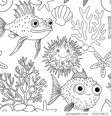 Coloring book. Cute seamless underwater world pattern with fish and sea animals. Vector illustration in doodle style 126214613