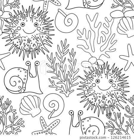 Coloring book. Cute seamless underwater world pattern with fish and sea animals. Vector illustration in doodle style Coloring book. Cute seamless underwater world pattern with fish and sea animals. Vector illustration in doodle style 126214615