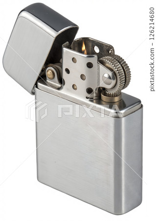 Chrome zippo lighter with clean metallic finish, isolated product image for branding or e-commerce Chrome zippo lighter with clean metallic finish, isolated product image for branding or e-commerce 126214680