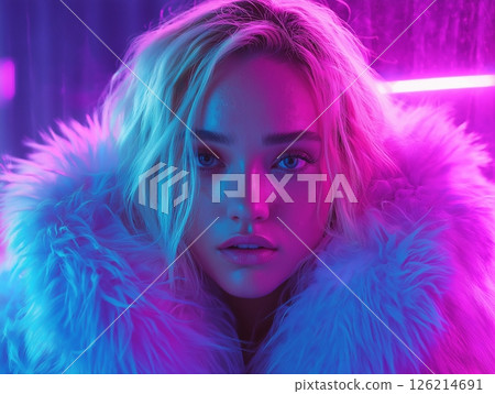 Stylish blonde woman in fluffy fur coat under pink and blue neon lights, glamorous portrait vibe. Stylish blonde woman in fluffy fur coat under pink and blue neon lights, glamorous portrait vibe. 126214691