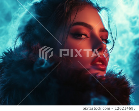 Brunette woman in fluffy fur coat under blue neon lights with mist, moody and stylish portrait. 126214693