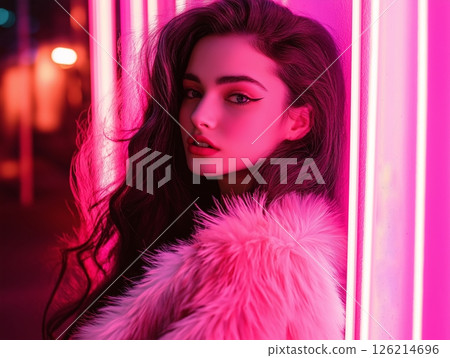 Brunette woman in fluffy fur coat under pink neon lights, moody and stylish portrait. Brunette woman in fluffy fur coat under pink neon lights, moody and stylish portrait. 126214696
