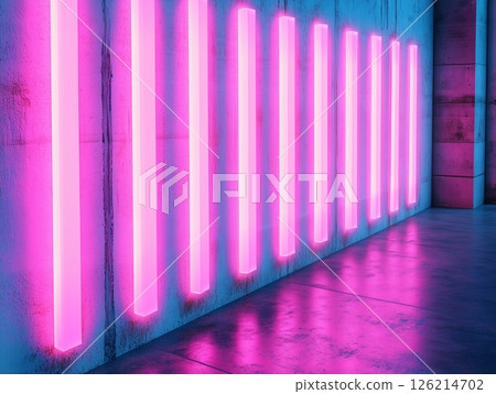 Abstract loft interior with rectangular pink neon lights. 126214702