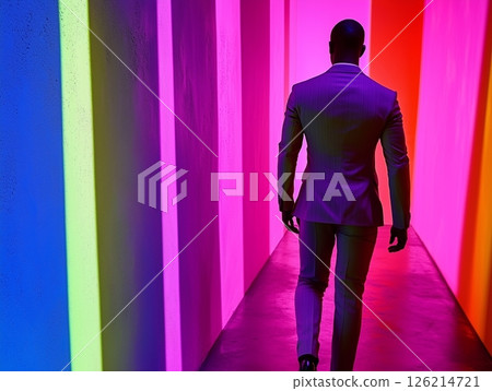 African American man in light suit, back to camera, under neon lighting. African American man in light suit, back to camera, under neon lighting. 126214721