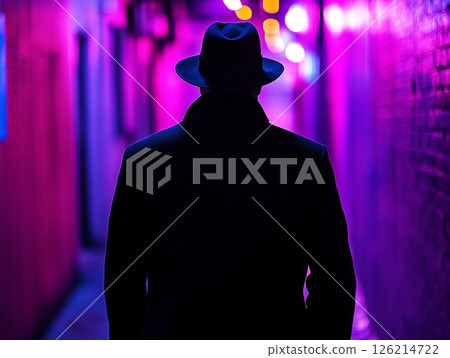 Mysterious man in coat and hat, back turned, illuminated by neon lighting. Mysterious man in coat and hat, back turned, illuminated by neon lighting. 126214722