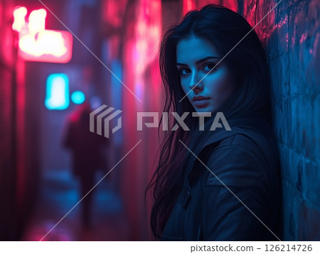 Mysterious woman in alley under pink and blue neon lighting, creating a moody urban vibe. 126214726