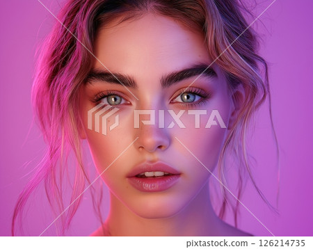 Charming European woman under neon pink light, soft portrait with glowing atmosphere. 126214735