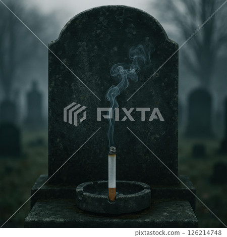 Burning cigarette rests on gravestone in foggy cemetery, with smoke curling into air, creating somber and mysterious atmosphere 126214748