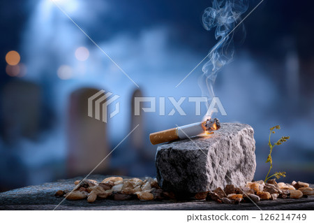 Burning cigarette rests on gravestone at night, surrounded by small stones and sprig of grass, with misty, atmospheric background 126214749