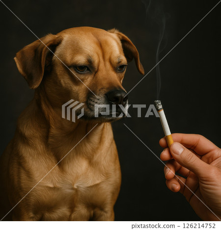 Dog looks unimpressed at lit cigarette held by person, with smoke rising against dark background. dog expression suggests disapproval or indifference 126214752