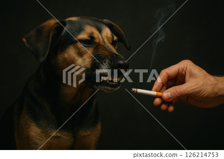 Dog showing its teeth at lit cigarette held by human hand, against dark background, expressing displeasure 126214753