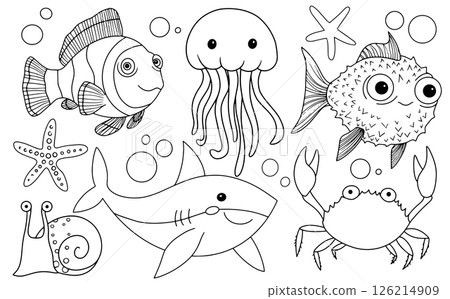 Coloring book. Illustration of cute sea creatures. jellyfish, crab, shark, fish. Vector illustration in doodle style. 126214909