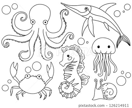 Coloring book. Adorable underwater illustration of sea creatures. Vector illustration in doodle style. 126214911