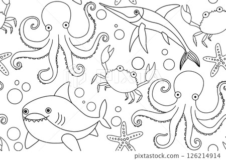 Coloring book. Cute underwater world seamless pattern. Fish, octopus, shark and sea life. Vector illustration in doodle style. 126214914