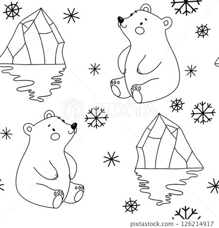 Coloring book. Cute seamless pattern with polar bear cubs. Vector illustration in doodle style. Coloring book. Cute seamless pattern with polar bear cubs. Vector illustration in doodle style. 126214917