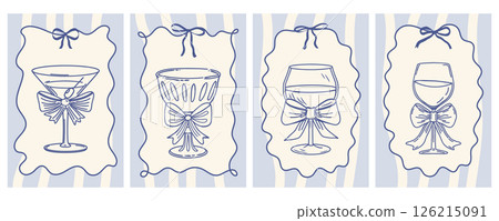 Hand drawn whimsical greeting cards with elegant wine glasses with bows in vintage ribbon frames. Hand drawn sketch illustration. 126215091