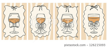 Hand drawn whimsical greeting cards with elegant wine glasses with bows in vintage ribbon frames. Hand drawn sketch illustration. Hand drawn whimsical greeting cards with elegant wine glasses with bows in vintage ribbon frames. Hand drawn sketch illustration. 126215093