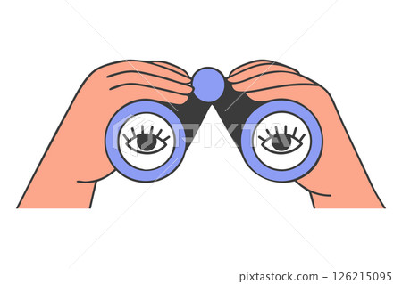 Hands holding binoculars and looking through them. Hands holding binoculars with eyes. Illustration for search engine or research. 126215095