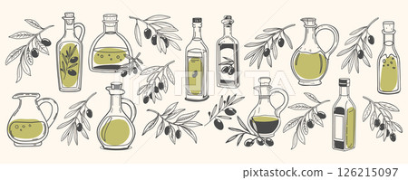 Big set of olive oil bottles and olive branches. Collection of illustrations of olive oil, leaves, branches, natural products. Hand drawn sketch illustration. Big set of olive oil bottles and olive branches. Collection of illustrations of olive oil, leaves, branches, natural products. Hand drawn sketch illustration. 126215097