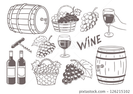 Wine and winemaking. Set of hand drawn wine bottles, grapes, barrel, glass, corkscrew, basket of grapes. Vintage wine and grape illustration. 126215102