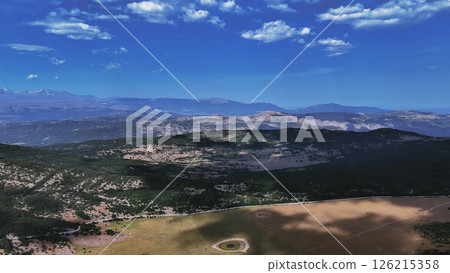 Winding road leading through mountain pass on sunny day 126215358