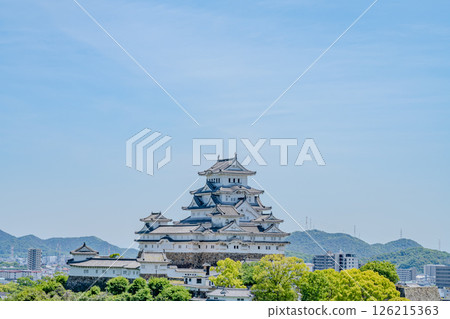 The castle tower of the national treasure Himeji Castle and the scenery shining against the blue sky 126215363