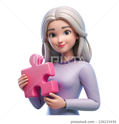 Business woman holding single pink puzzle piece, concept of unity, creative solutions and connection, 3d illustration 126215430