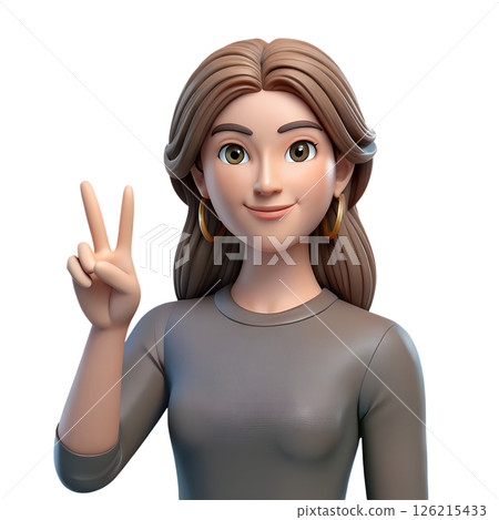 Happy 3d cartoon woman smiling and giving peace sign gesture, cheerful character isolated 126215433
