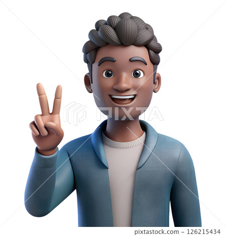 Cheerful 3d cartoon black man smiling and making a peace sign gesture, friendly and positive character 126215434