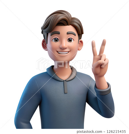 3d cartoon man giving the peace sign, playful and upbeat character with a cool gesture 126215435