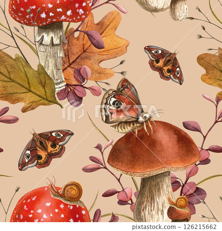 Beige autumn pattern - forest mushrooms, snail, butterflies, foliage and dried twigs Fly agaric, bolete botanical fall watercolor seamless texture Perfect for natural themes, seasonal textile,wrapping 126215662