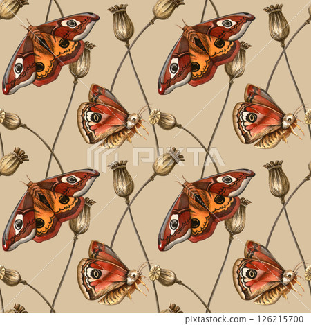 Beige pastel vintage botanical seamless pattern - saturnia butterflies, dried poppy seeds. Watercolor autumn herbarium wallpaper. Ideal for elegant fabrics, botanical print, vintage wrapping, texture 126215700