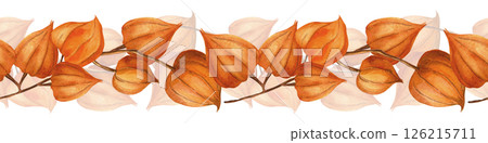 Autumn Chinese lantern, goldenberry seamless border. Floral bordure of physalis, winter cherry, Inka berry, gooseberry twigs. Perfect for seasonal decoration, food theme, home textile, kitchen fabrics 126215711