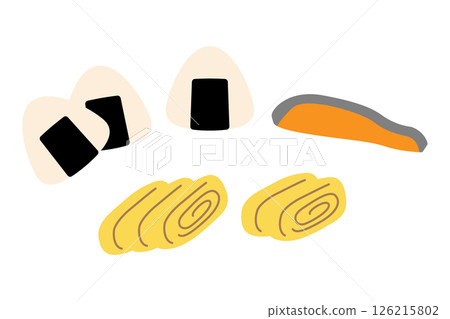 Set of rice balls, tamagoyaki (rolled omelette) and grilled salmon 126215802