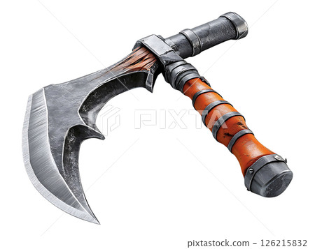 Intricate fantasy axe with a curved blade, aged metal finish, and an orange wood handle.  Perfect for game design, fantasy art, or conceptual illustration. 126215832