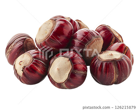 A closeup shot of a pile of shiny, dark reddishbrown chestnuts on a stark white background. 126215879
