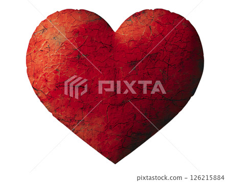A weathered, red heart against a minimalist white background.  This evocative image symbolizes resilience, enduring love, or the passage of time. 126215884