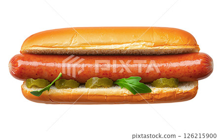 Classic hot dog in a soft bun, garnished with pickles and fresh arugula.  A simple yet appetizing image perfect for menus, food blogs, or advertising. 126215900