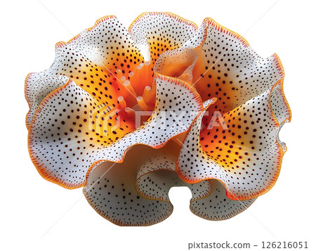 Stunning closeup of a vibrant sea creature, resembling an exotic flower.  Its intricate orange and white polka dot pattern and ruffled texture create a captivating, almost surreal image. 126216051