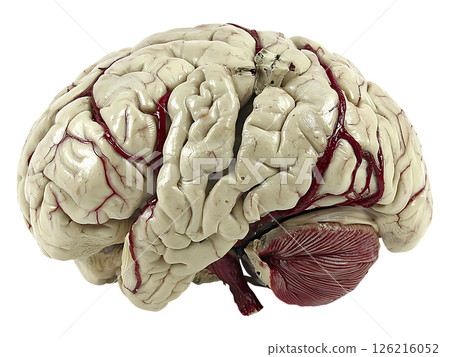 Highdetail anatomical model of a human brain, showcasing intricate gyri and sulci with realistically rendered vasculature. A powerful visual metaphor for intellect, complexity, and neuroscience. Highdetail anatomical model of a human brain, showcasing intricate gyri and sulci with realistically rendered vasculature. A powerful visual metaphor for intellect, complexity, and neuroscience. 126216052