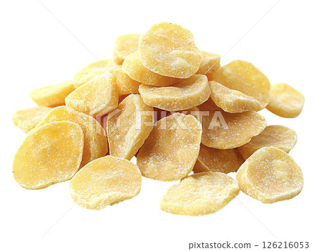 A vibrant pile of candied ginger slices, showcasing their golden hue and sugary texture. A vibrant pile of candied ginger slices, showcasing their golden hue and sugary texture. 126216053