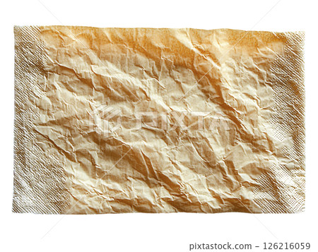 Closeup of a crumpled, tancolored paper napkin. Textured and abstract, representing concepts of disposability, imperfection, or the transient nature of time. Closeup of a crumpled, tancolored paper napkin. Textured and abstract, representing concepts of disposability, imperfection, or the transient nature of time. 126216059