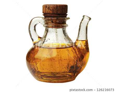 A rustic, clear glass oil decanter with a wooden stopper, filled with golden oil, showcases water droplets for a fresh, wholesome feel.  Perfect for culinary, health, or lifestyle concepts. 126216073
