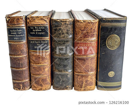 Antique leatherbound books stand in a row, showcasing aged details unique lettering on their spines. A timeless image evoking history, knowledge, and the passage of time. Antique leatherbound books stand in a row, showcasing aged details unique lettering on their spines. A timeless image evoking history, knowledge, and the passage of time. 126216100